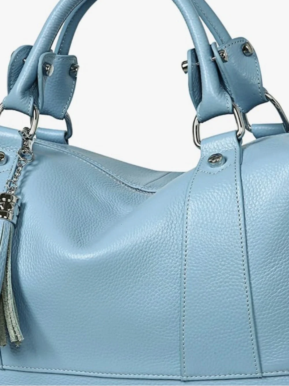 Light Blue Leather Satchel Handbag with Tassel